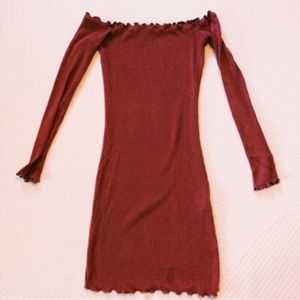 Rust red off shoulder lettuce hem bodycon dress